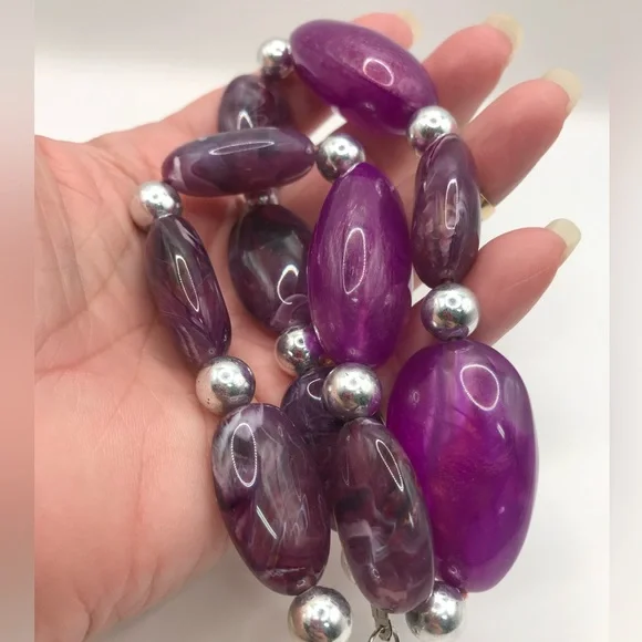 Chunky Purple Acrylic & Silver-Tone Bead Necklace - Picture 7 of 7
